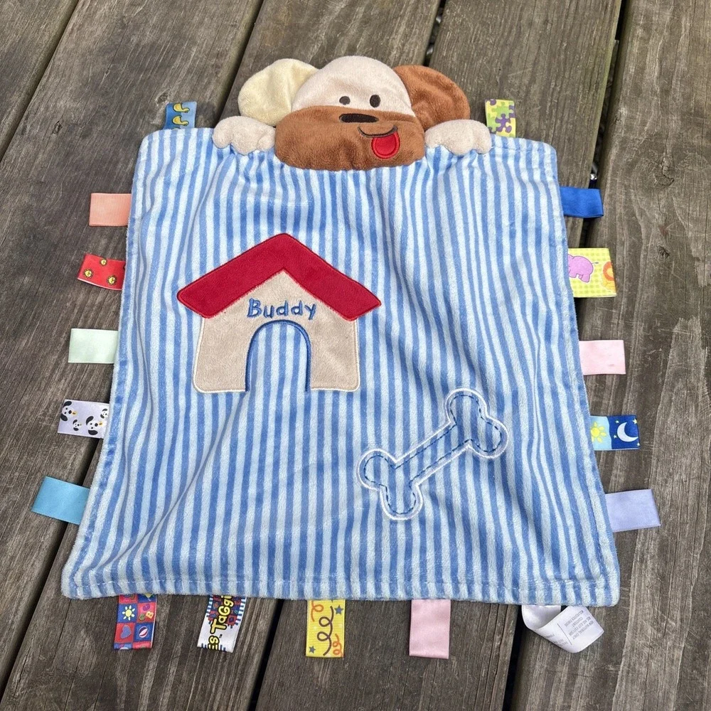 Taggies Peek A Boo Buddy Puppy Dog Baby Blanket Blue Stripe Bone Security Lovey